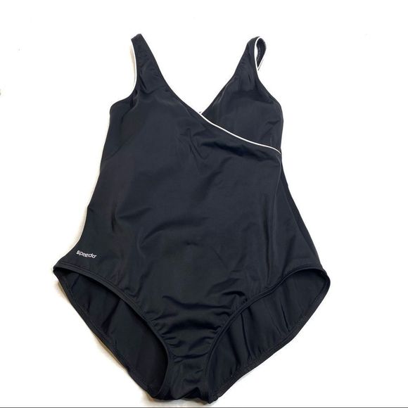 Speedo Swim Speedo Envoltura Black With White Trim Faux Wrap One